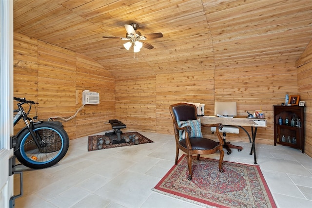 tiled home office featuring ceiling fan, a wall unit AC, lofted ceiling, wooden walls, and wooden ceiling