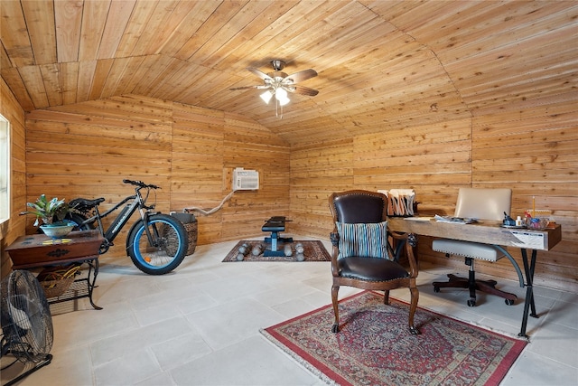 tiled office space with wood ceiling, wooden walls, and ceiling fan