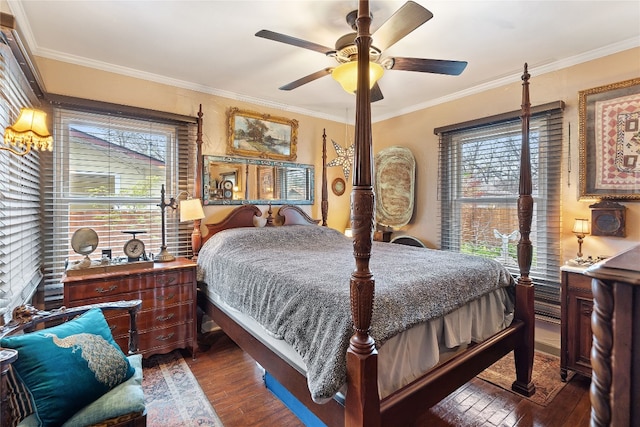 bedroom featuring ornamental molding, multiple windows, ceiling fan, and dark hardwood / wood-style floors