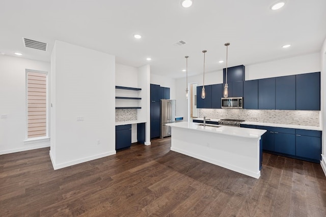 kitchen featuring blue cabinets, hanging light fixtures, high end appliances, and a center island with sink