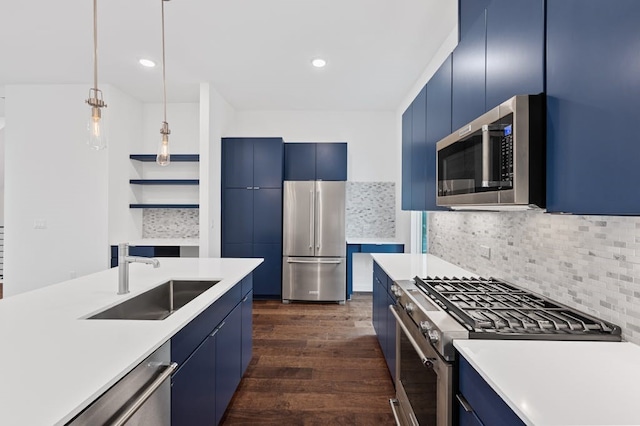 kitchen with blue cabinetry, sink, hanging light fixtures, dark hardwood / wood-style flooring, and stainless steel appliances