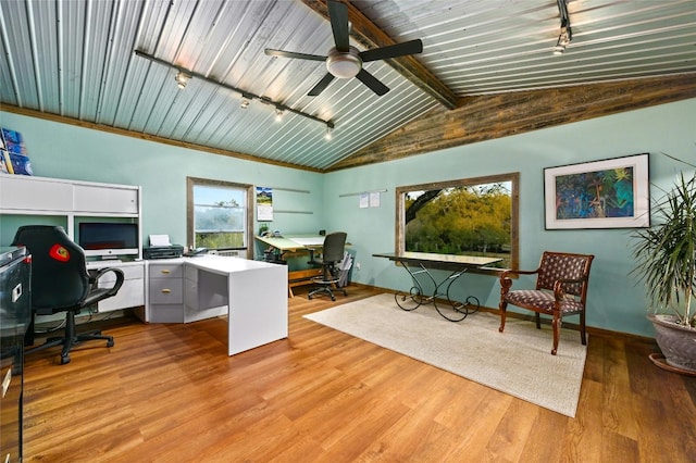 office with ceiling fan, rail lighting, wood ceiling, beamed ceiling, and light wood-type flooring