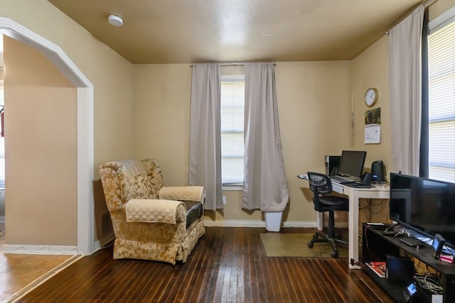 home office featuring dark hardwood / wood-style flooring