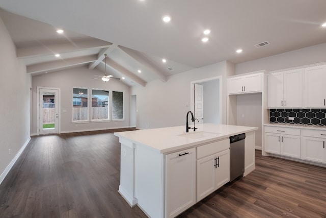 kitchen with tasteful backsplash, ceiling fan, dishwasher, a kitchen island with sink, and dark hardwood / wood-style floors