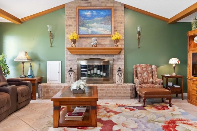 tiled living room with crown molding, a fireplace, and vaulted ceiling with beams