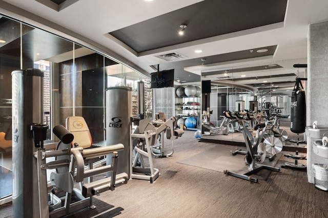 workout area with carpet flooring and a tray ceiling