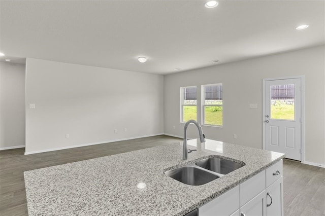 kitchen featuring an island with sink, light stone counters, dark hardwood / wood-style floors, sink, and white cabinetry