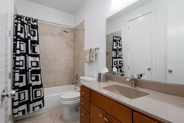 full bathroom with vanity, shower / bath combo with shower curtain, toilet, and tile patterned flooring