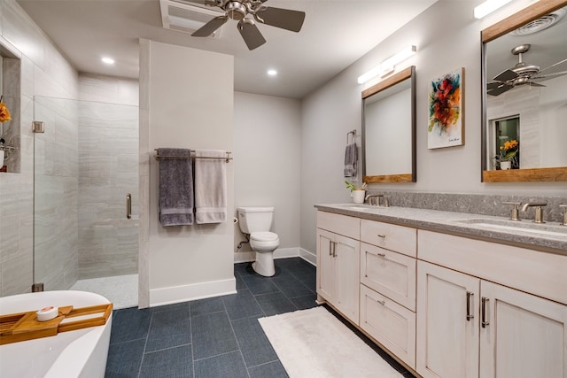 full bathroom featuring ceiling fan, tile floors, shower with separate bathtub, toilet, and dual bowl vanity