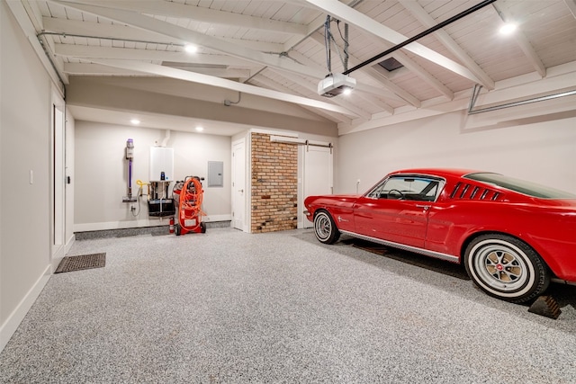 garage with wooden ceiling and a garage door opener