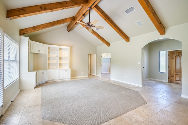 unfurnished living room featuring beamed ceiling, high vaulted ceiling, and ceiling fan