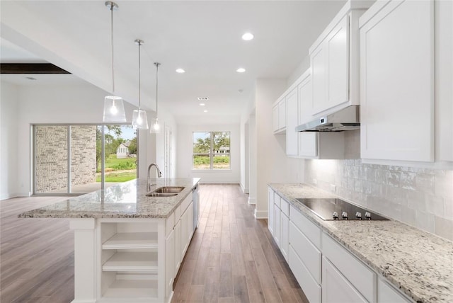 kitchen featuring open shelves, tasteful backsplash, a sink, under cabinet range hood, and black electric cooktop