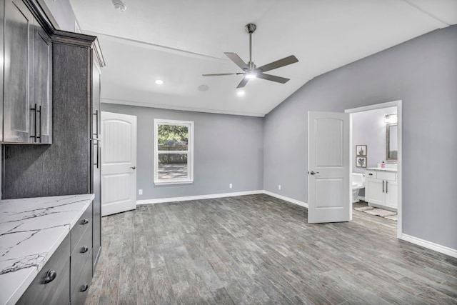 interior space featuring wood-type flooring, ceiling fan, and lofted ceiling