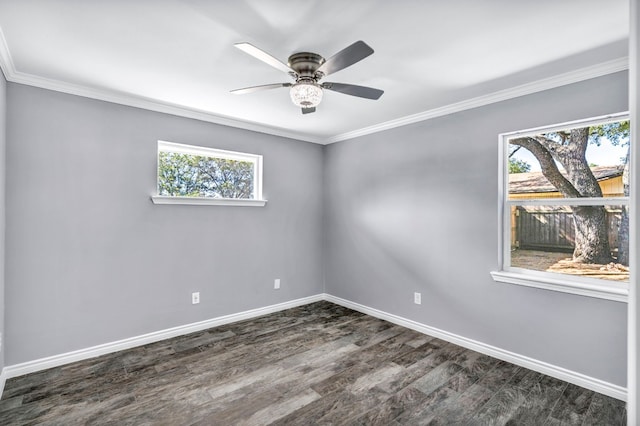 unfurnished room with dark hardwood / wood-style floors, ceiling fan, and ornamental molding