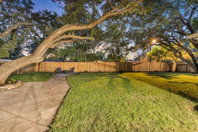 yard at dusk with a patio area