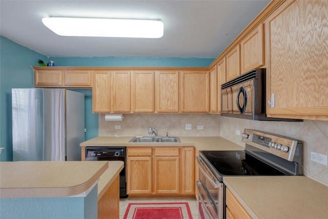 kitchen with light tile floors, black appliances, backsplash, sink, and light brown cabinetry