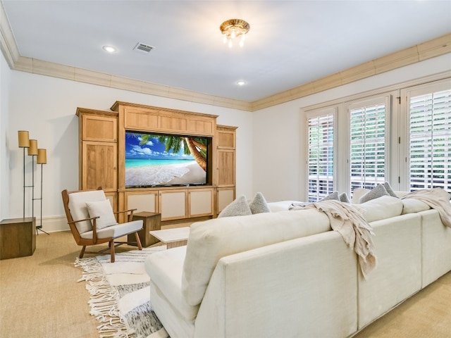 living room featuring crown molding and light colored carpet