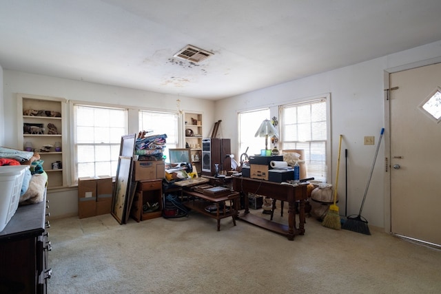 home office featuring light colored carpet