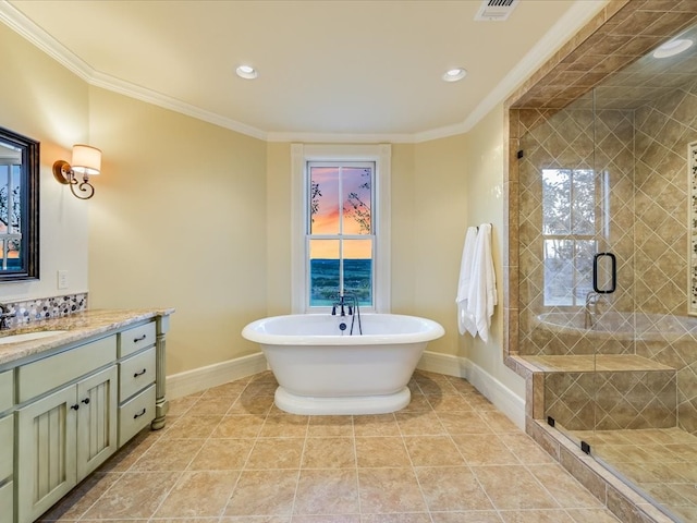 bathroom with shower with separate bathtub, ornamental molding, tile floors, and vanity