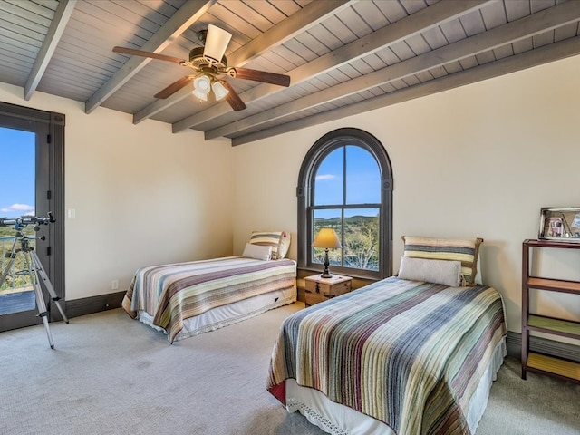 bedroom featuring light carpet, ceiling fan, wood ceiling, and beam ceiling