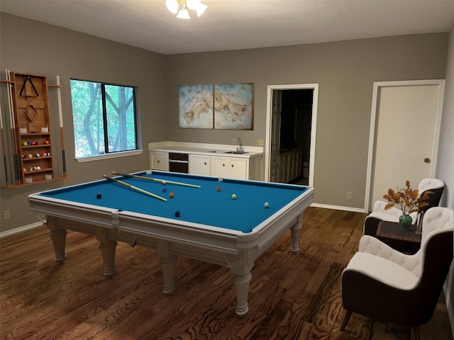 rec room with dark wood-type flooring, sink, and pool table