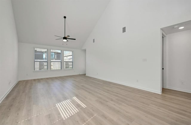 unfurnished living room featuring light wood-type flooring, ceiling fan, and high vaulted ceiling