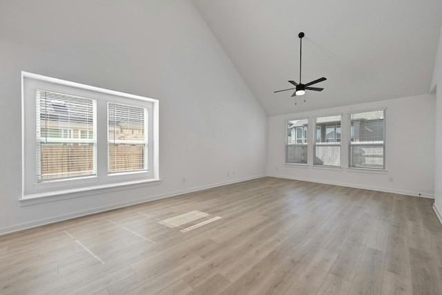 unfurnished living room featuring light wood-type flooring, high vaulted ceiling, and plenty of natural light