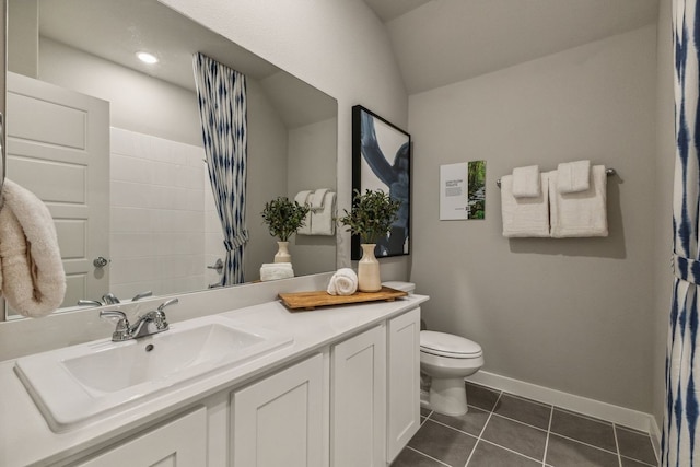 bathroom featuring toilet, tile patterned flooring, vaulted ceiling, vanity, and curtained shower