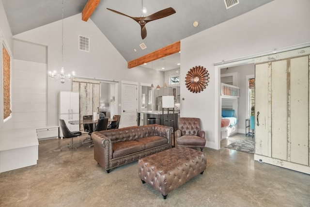 living room with beamed ceiling, high vaulted ceiling, concrete floors, and ceiling fan with notable chandelier