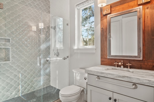 bathroom featuring a healthy amount of sunlight, vanity with extensive cabinet space, a shower with shower door, and toilet