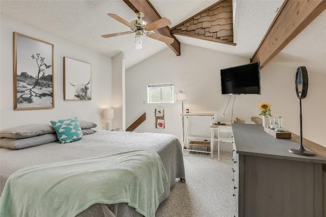 carpeted bedroom featuring ceiling fan, lofted ceiling with beams, and a textured ceiling