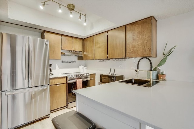 kitchen featuring kitchen peninsula, sink, light wood-type flooring, and appliances with stainless steel finishes