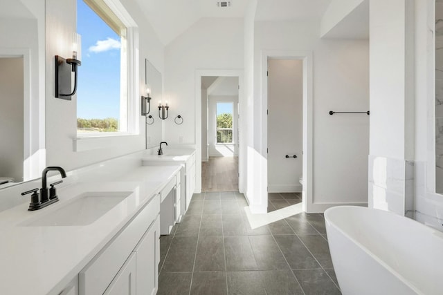 bathroom featuring vanity, toilet, lofted ceiling, and plenty of natural light