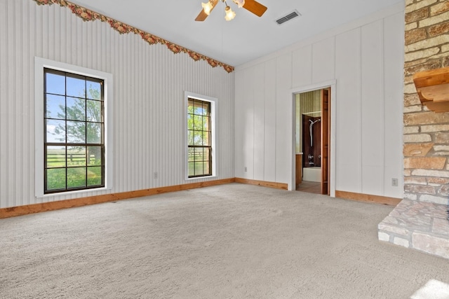 interior space featuring carpet, ceiling fan, and a wealth of natural light