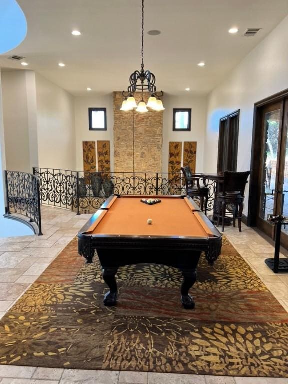 rec room featuring a towering ceiling and pool table