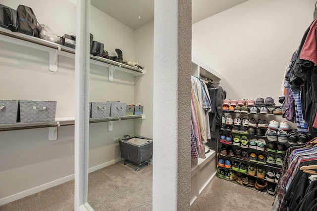 walk in closet with light colored carpet