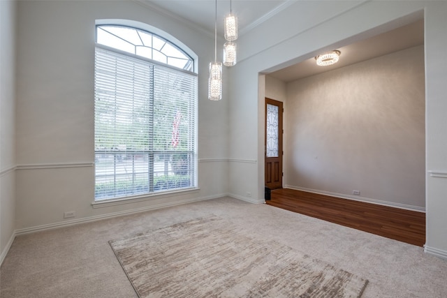 carpeted empty room with plenty of natural light and crown molding