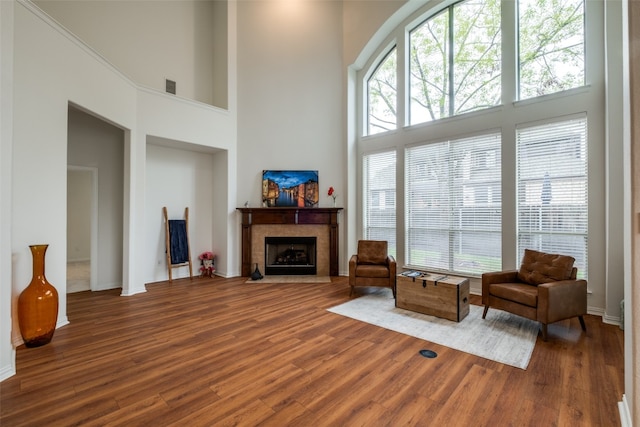 living room with a high ceiling, dark hardwood / wood-style floors, and plenty of natural light