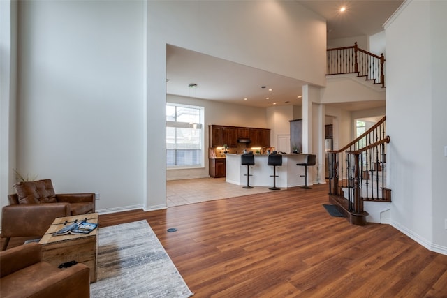 foyer with a high ceiling and hardwood / wood-style flooring