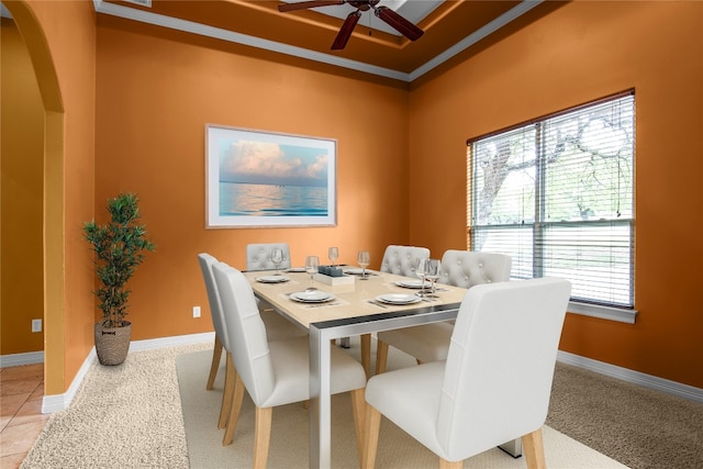 carpeted dining room with ceiling fan and crown molding