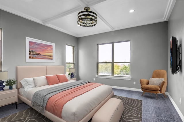 bedroom featuring carpet flooring, beamed ceiling, and coffered ceiling