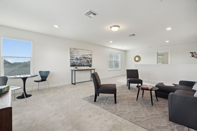 living room with light carpet and a wealth of natural light