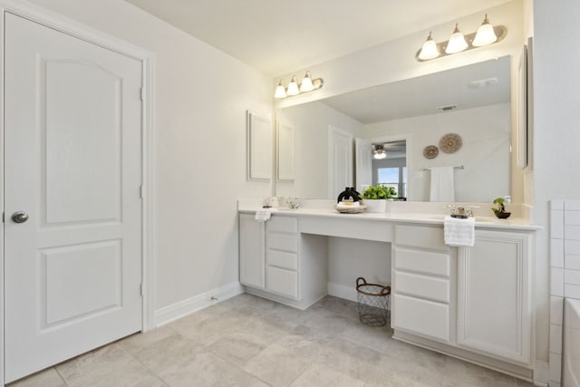 bathroom with tile patterned floors, ceiling fan, and vanity