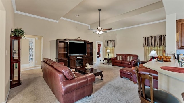 188 Zindler Ln, Paige, TX 78659 - carpeted living room featuring ceiling fan and crown molding
