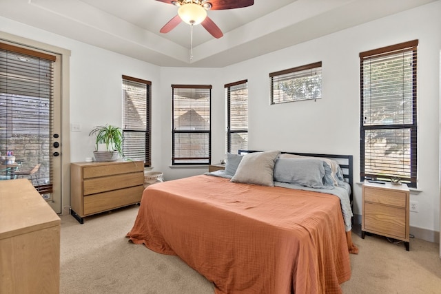 bedroom with access to outside, multiple windows, a raised ceiling, and light colored carpet