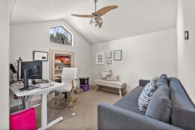 carpeted office featuring built in shelves, lofted ceiling, and ceiling fan