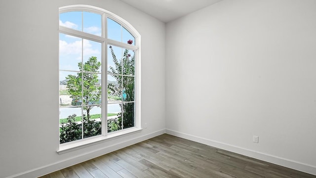 empty room with plenty of natural light, baseboards, and wood finished floors