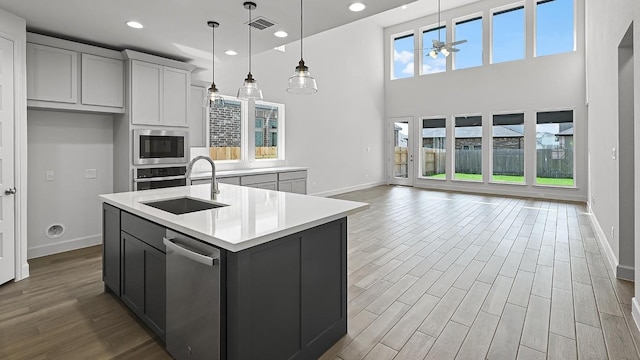 kitchen with a center island with sink, visible vents, appliances with stainless steel finishes, light countertops, and a sink