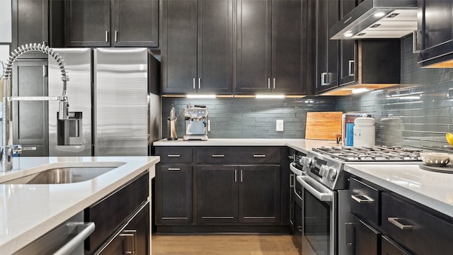 kitchen featuring dark brown cabinetry, light hardwood / wood-style flooring, wall chimney exhaust hood, and stainless steel appliances