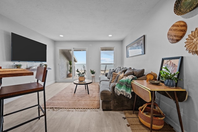 living room featuring a textured ceiling and light hardwood / wood-style floors